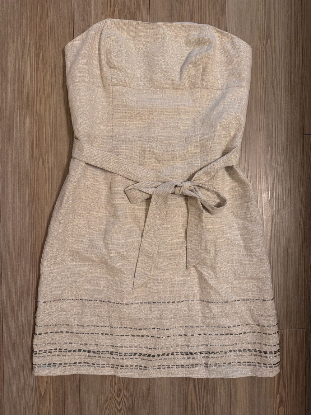 LOFT Women’s Petite Strapless Shimmery Gray Linen-Blend Tie-Waist Dress size 2 - Picture 3 of 11